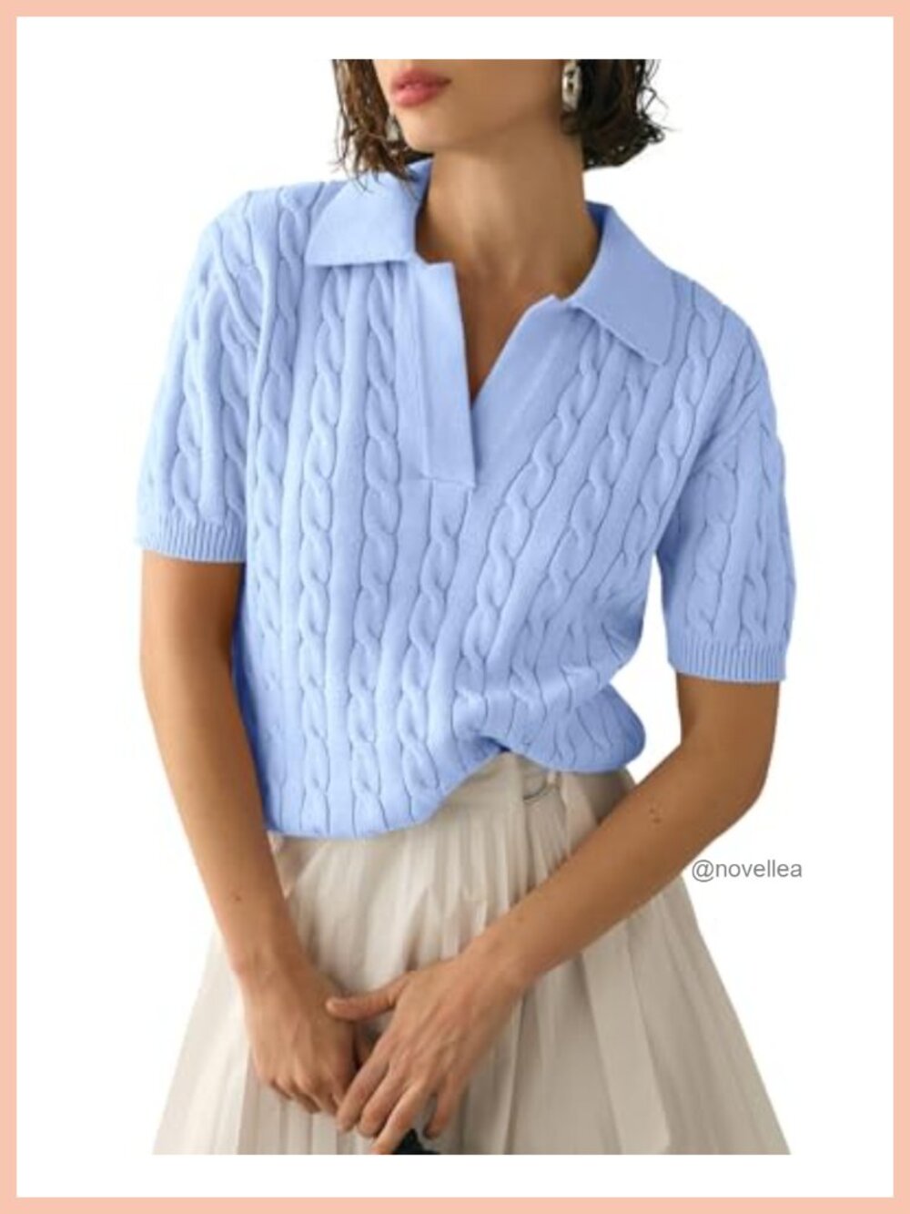 Womens Cable Knit Short Sleeve Sweater V Neck Pullover Top Loose Fit